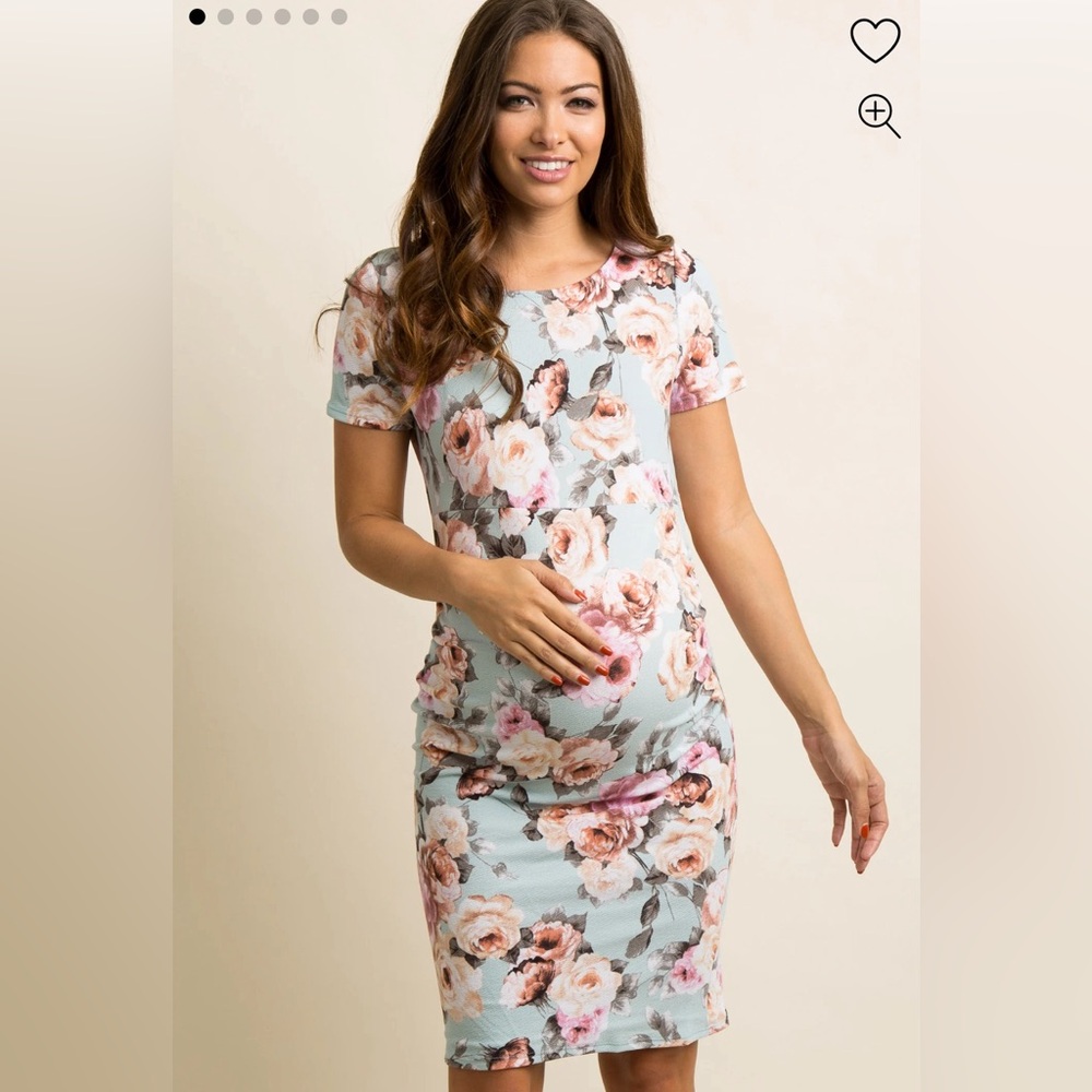 PinkBlush Light Blue Rose Floral Fitted Maternity Dress